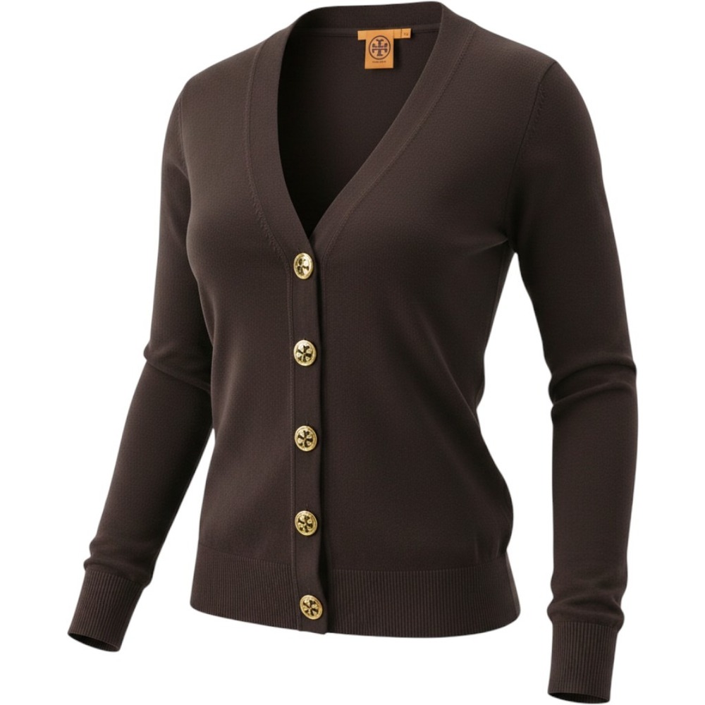 Tory Burch Simone Cardigan Womens Medium Brown Good Merino Wool Logo Button